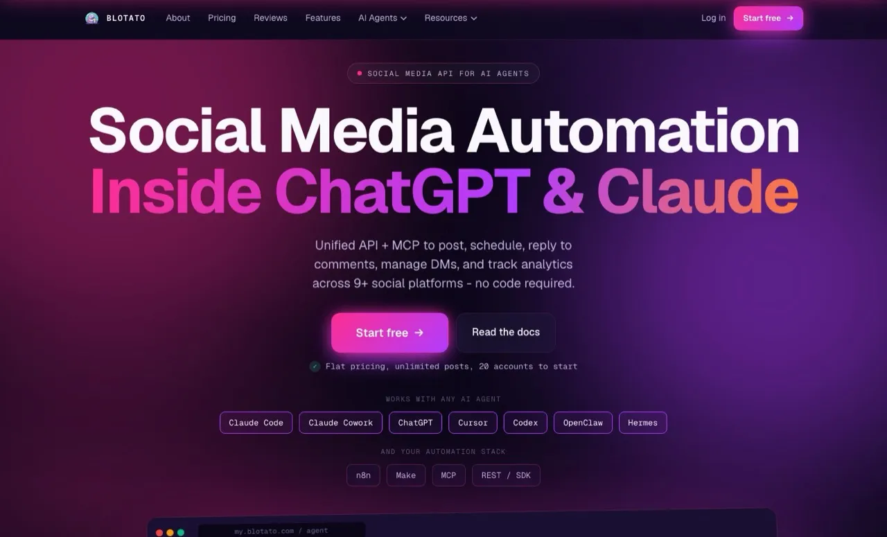 Best Hypefury alternatives: Blotato homepage showing social media automation for AI agents