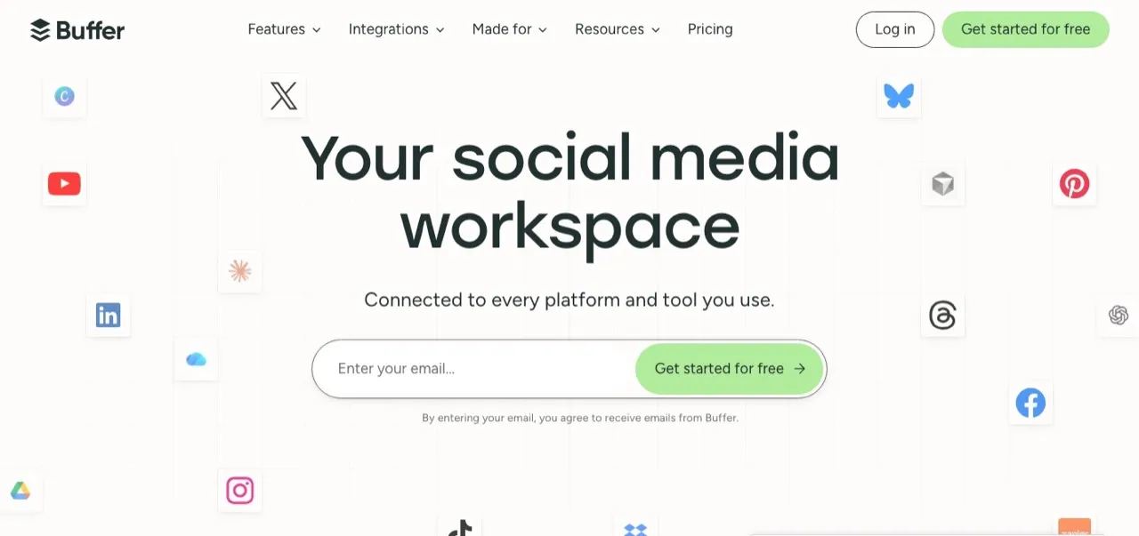 Buffer homepage, a simple Hypefury alternative with free X publishing