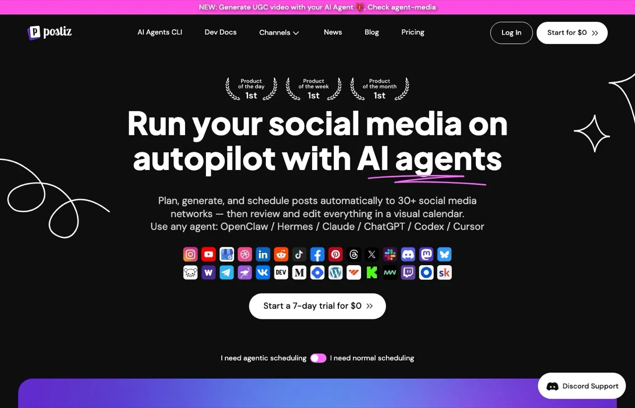 Postiz homepage, an open-source Hypefury alternative with AI agent support