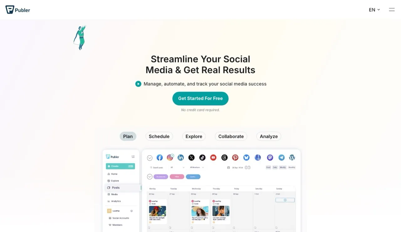 Publer homepage, a budget Hypefury alternative where X requires a paid plan