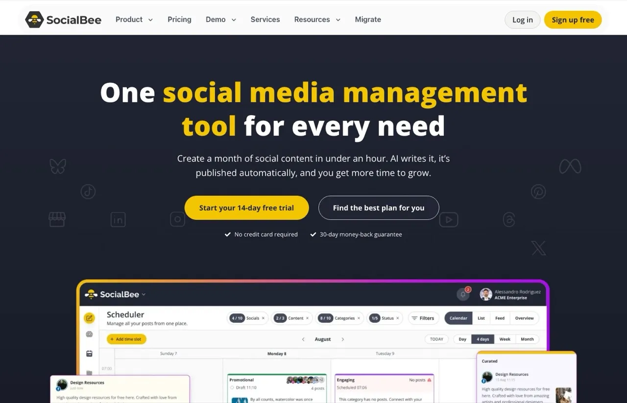 SocialBee homepage, a Hypefury alternative with category-based evergreen scheduling