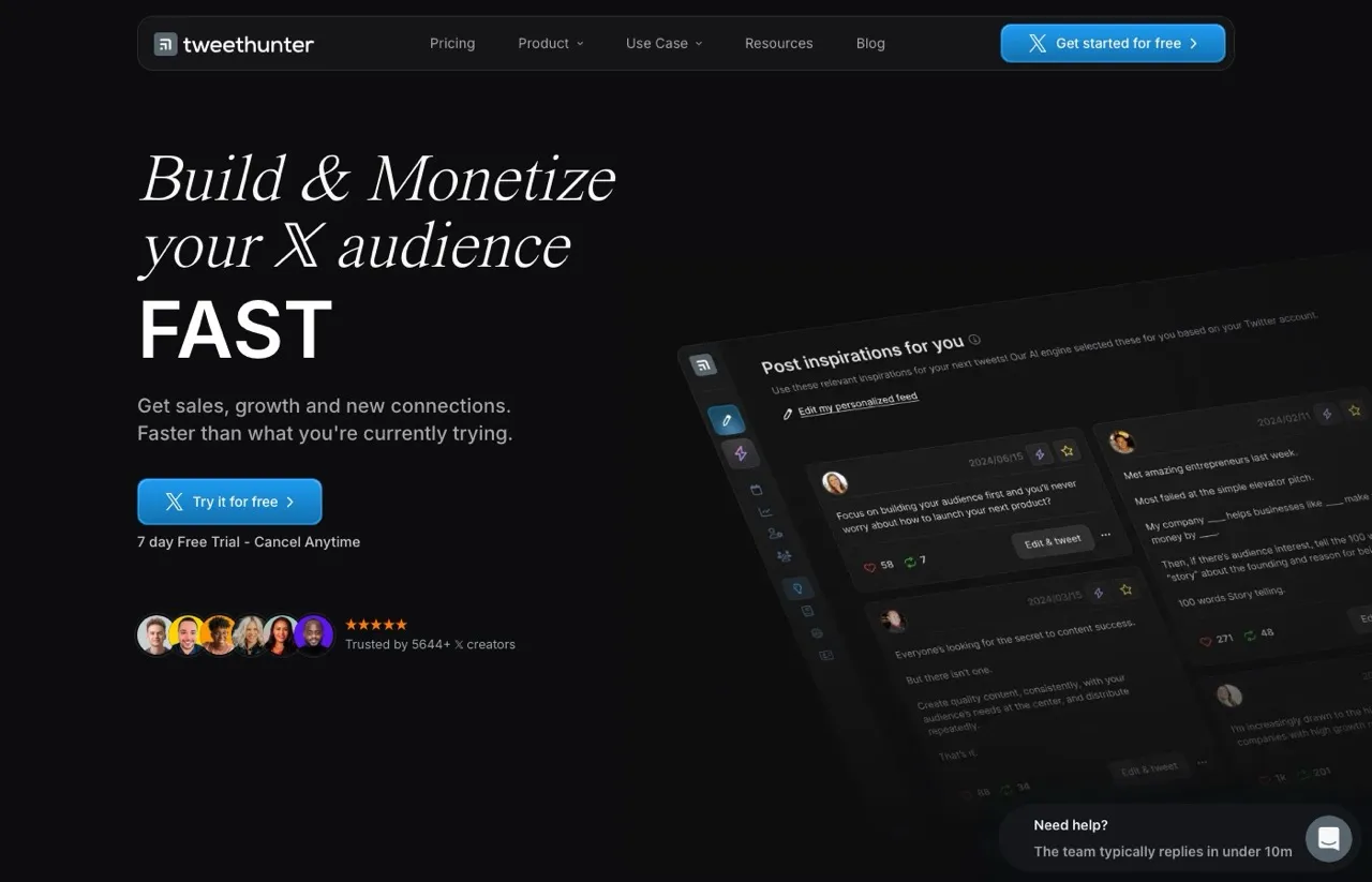 Tweet Hunter homepage promising to build and monetize your X audience
