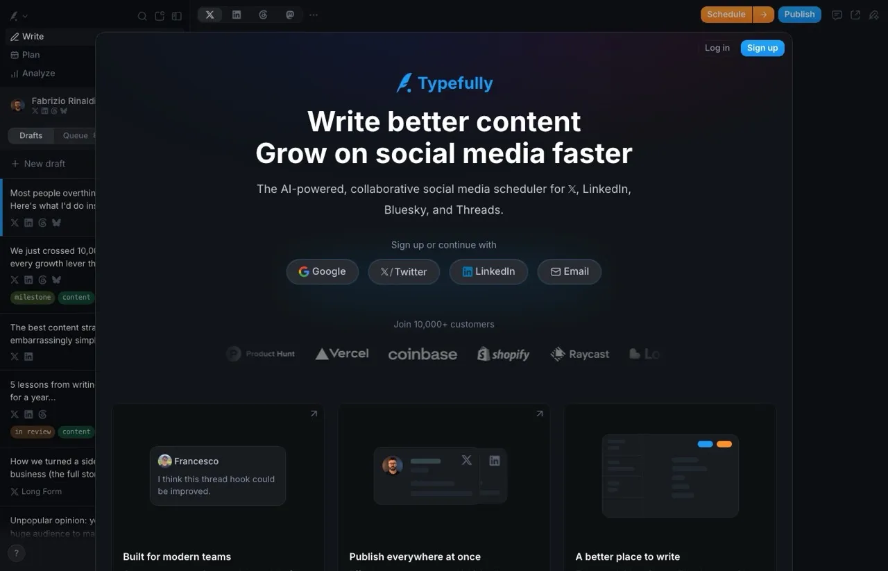 Typefully homepage, a writing-first Hypefury alternative for X and LinkedIn