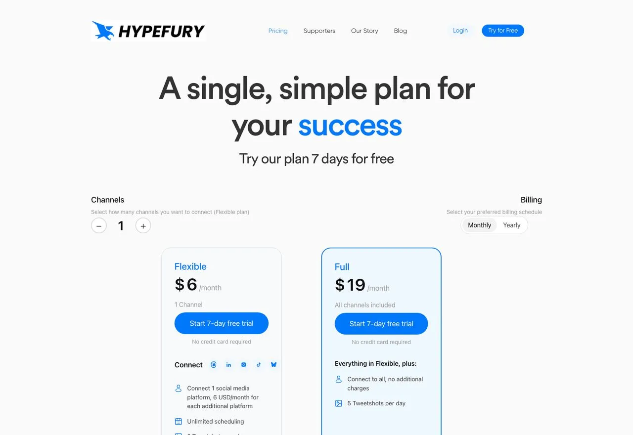 Hypefury pricing page showing five supported channels with X absent