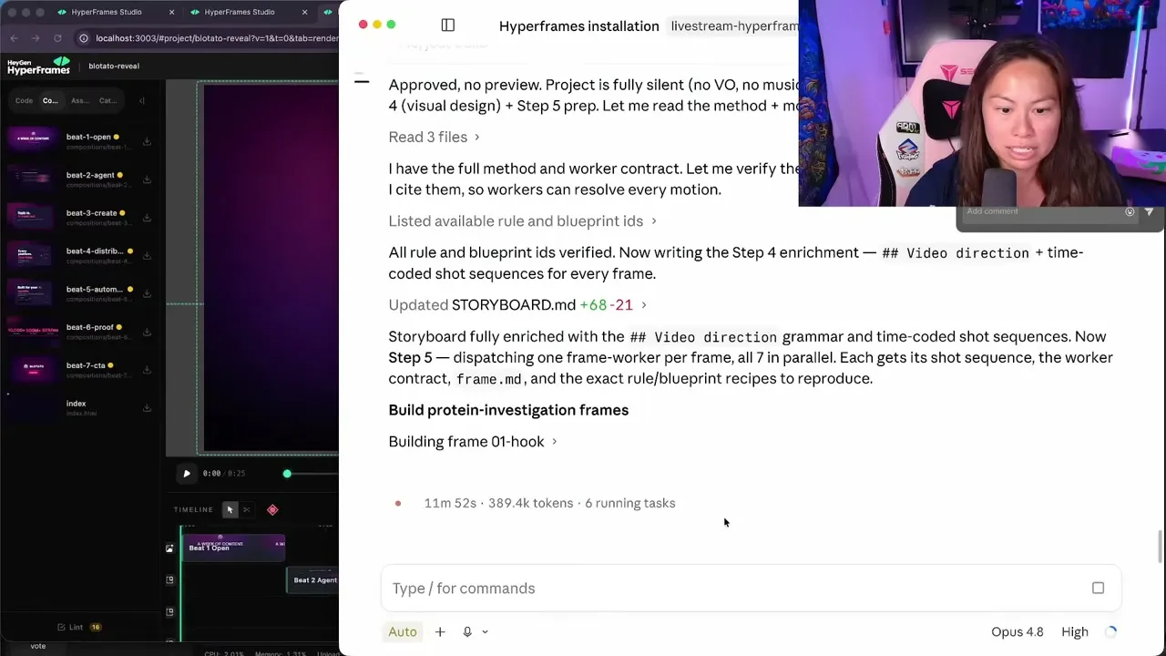 Claude Code building a website-to-video launch reel, dispatching one frame-worker per scene in parallel across six running tasks in the Hyperframes project.