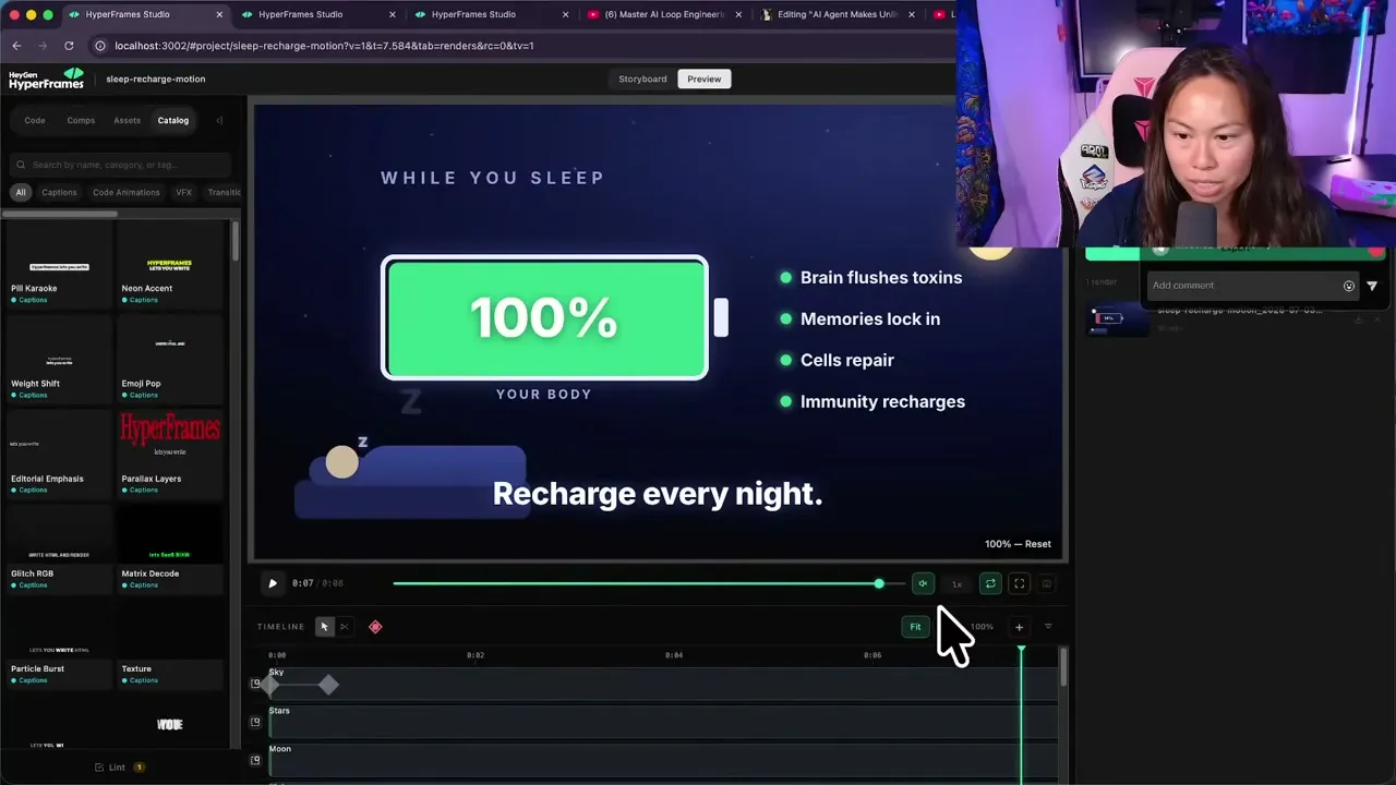 The Hyperframes Preview Studio showing a sleep explainer video with a 100 percent battery metaphor, the timeline at the bottom, and the effects catalog on the left.