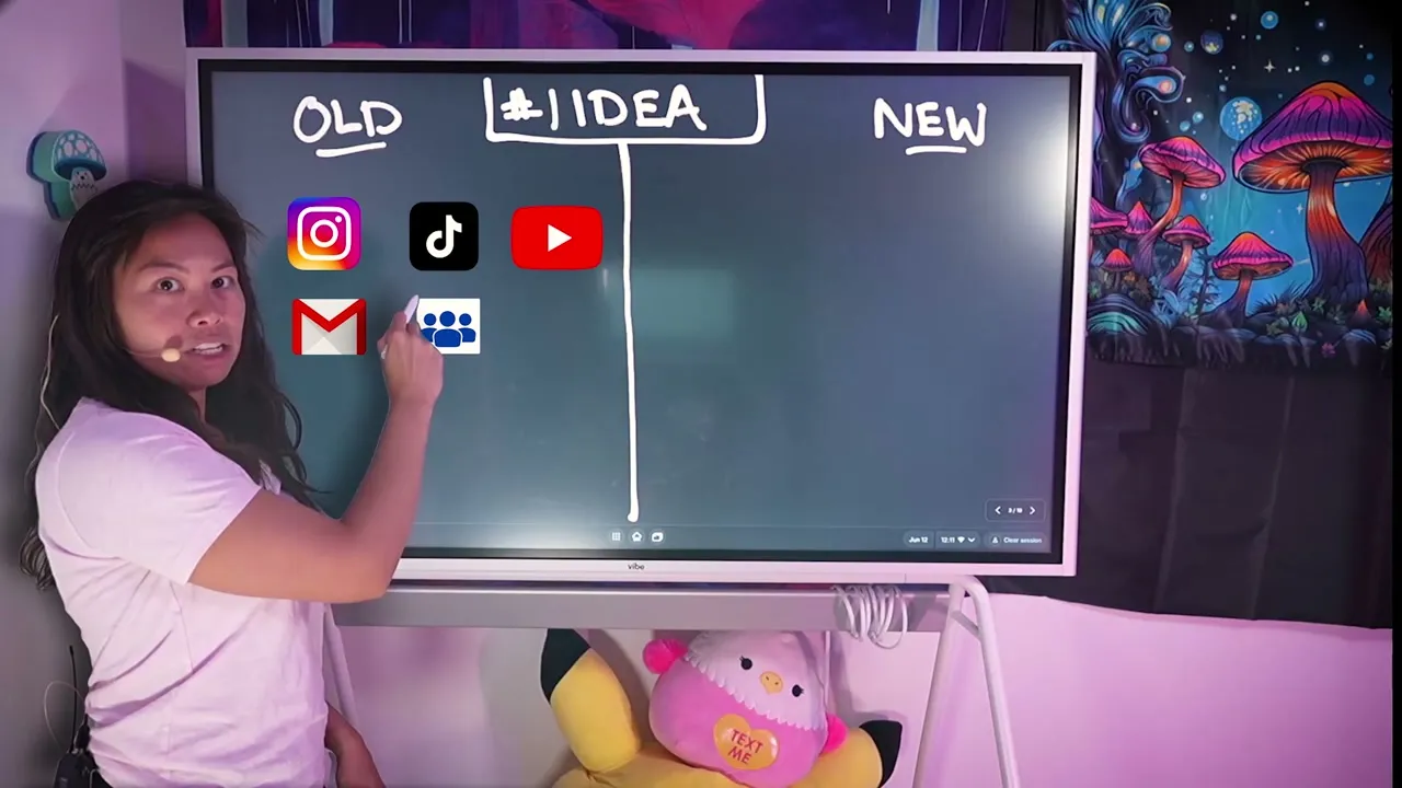 Whiteboard split into OLD and NEW under a #1 IDEA header, with Instagram, TikTok, YouTube, Gmail, and community icons stacked on the old side.
