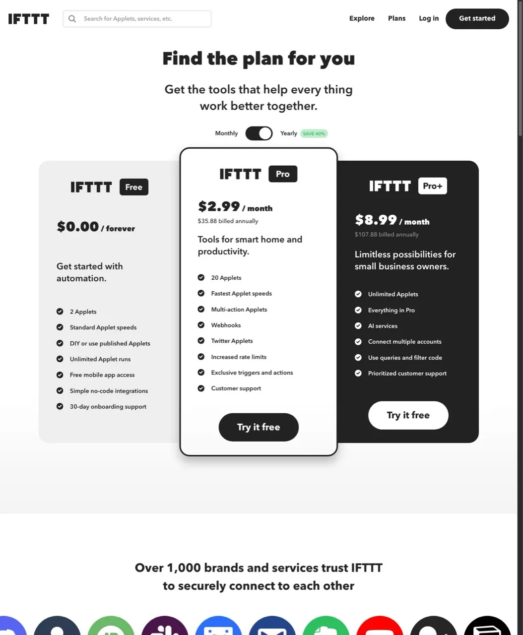 Zapier alternative IFTTT pricing showing Free, Pro, and Pro+ plans