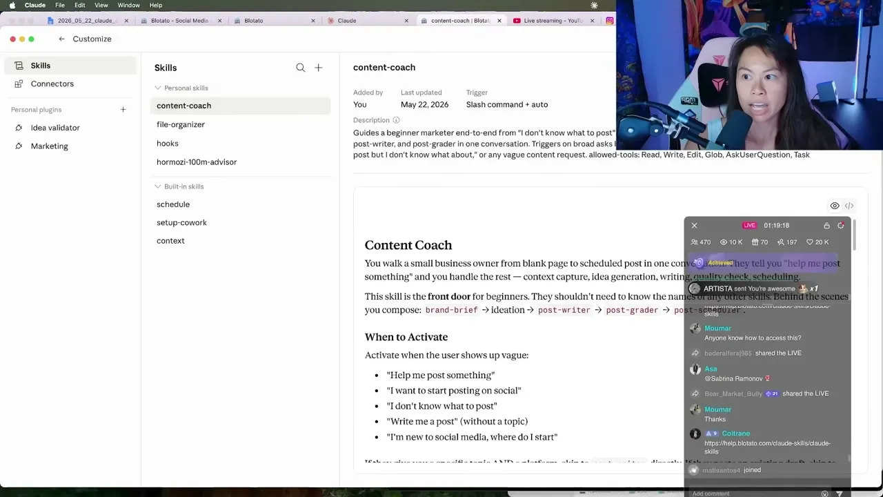 Importing a marketing skill into Claude Cowork by pasting the skill instructions and description.
