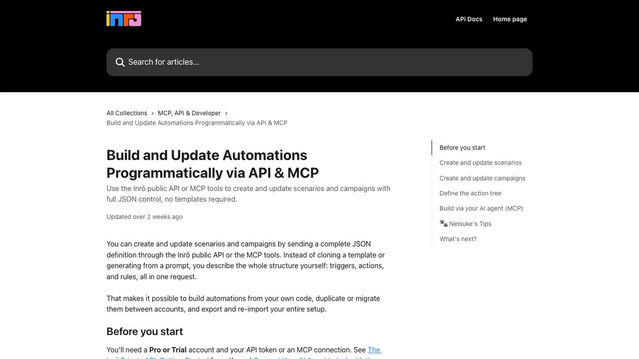 LinkDM alternatives with an API: Inro help article on building automations via API and MCP