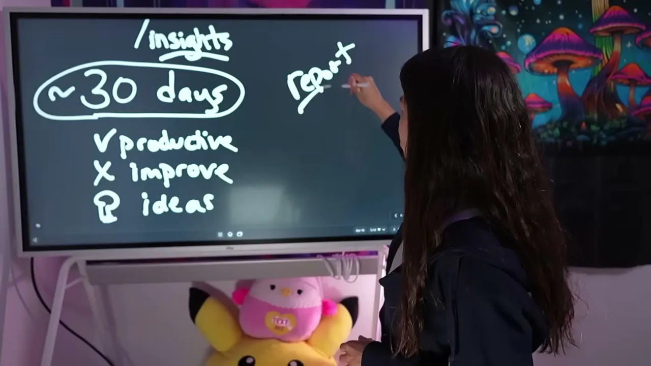Sabrina writing /insights command showing 30 days analysis with productive, improve, and ideas categories