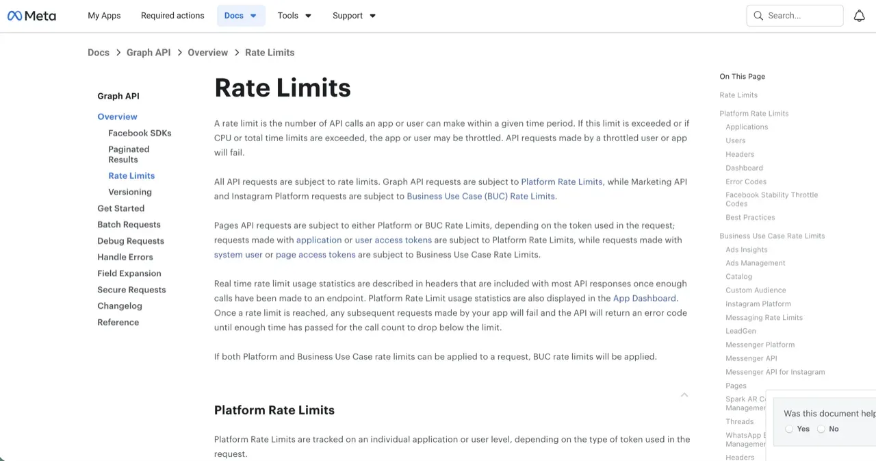 Meta's Graph API rate-limit documentation. Business Use Case (BUC) Rate Limits, including the 4,800 times impressions formula, sit in the right-hand sidebar separate from the Platform Rate Limits that apply to regular endpoints.