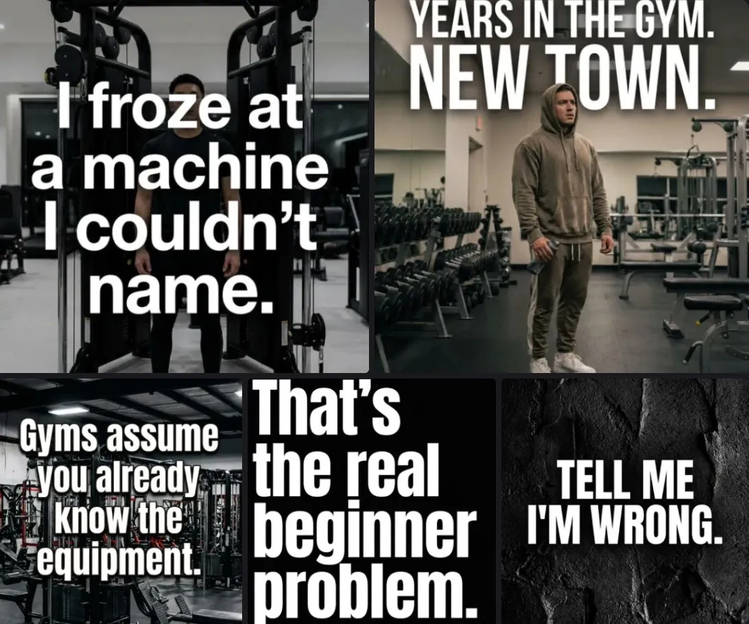 The finished Instagram carousel slides created through Blotato, hooking on a beginner freezing at an unfamiliar gym machine.