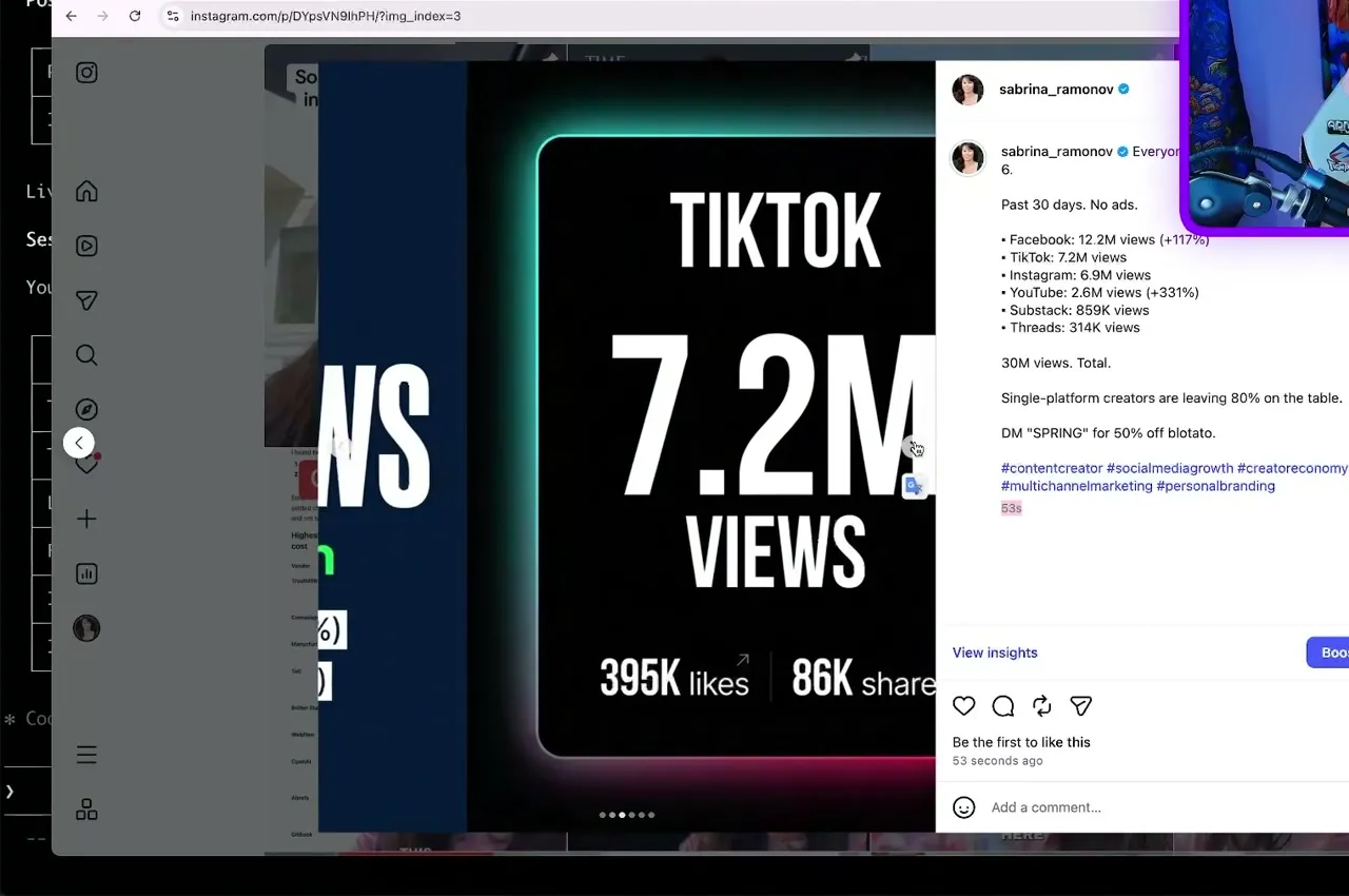 The finished six-slide carousel live on Instagram showing a TikTok 7.2M views slide, with the caption listing views across Facebook, TikTok, Instagram, YouTube, Substack, and Threads.