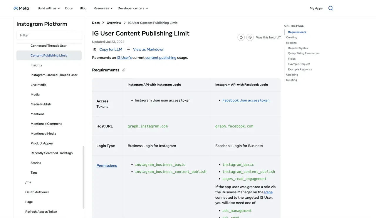 The IG User Content Publishing Limit reference for the Instagram posting API, showing the two login paths side by side with different permission names: instagram_business_content_publish vs instagram_content_publish.