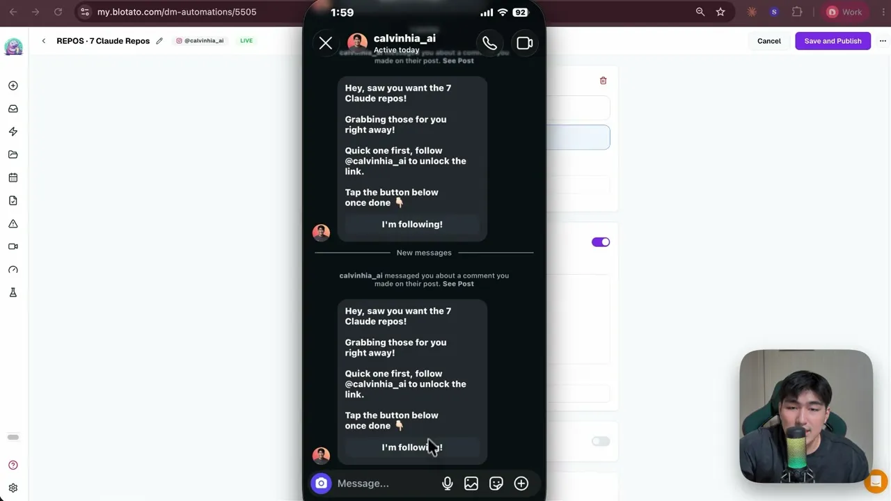 Calvin's Instagram inbox after commenting the keyword on his own post: the automated follow-gate DM arrives with the I'm following button.