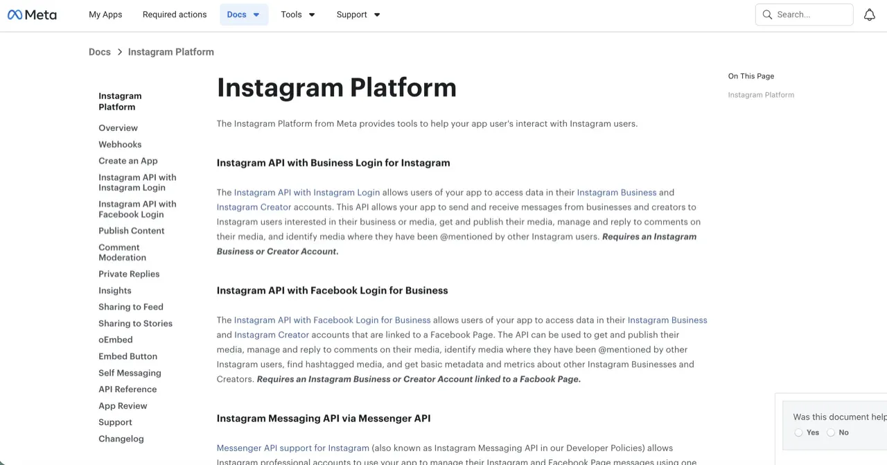 Meta's Instagram Graph API docs landing page showing the two login paths (Instagram Login and Facebook Login), the App Review section in the sidebar, and zero published Instagram API pricing because the API itself is free.