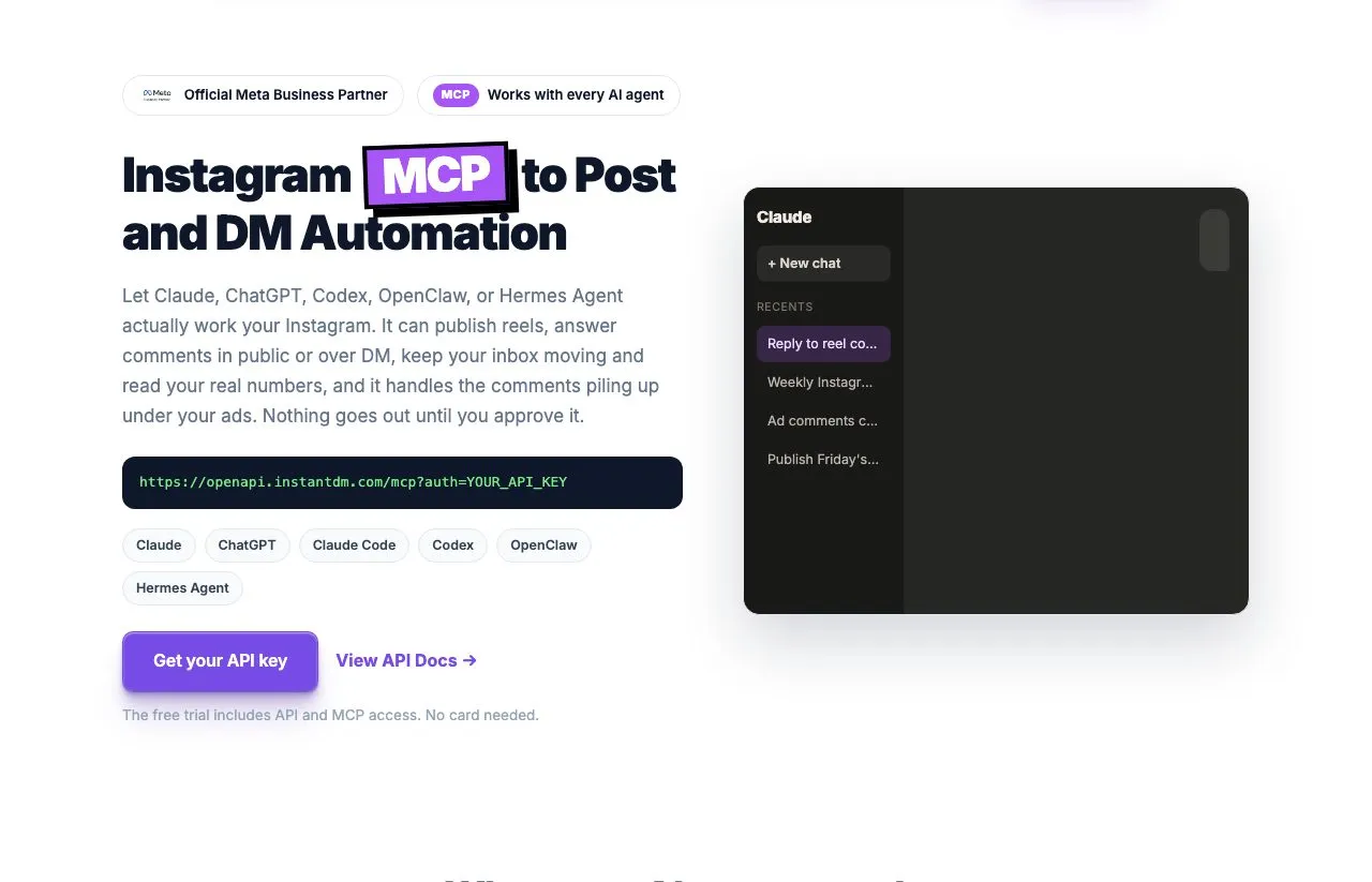 InstantDM's MCP page offering an Instagram MCP server for post and DM automation, with the note that the free trial includes API and MCP access