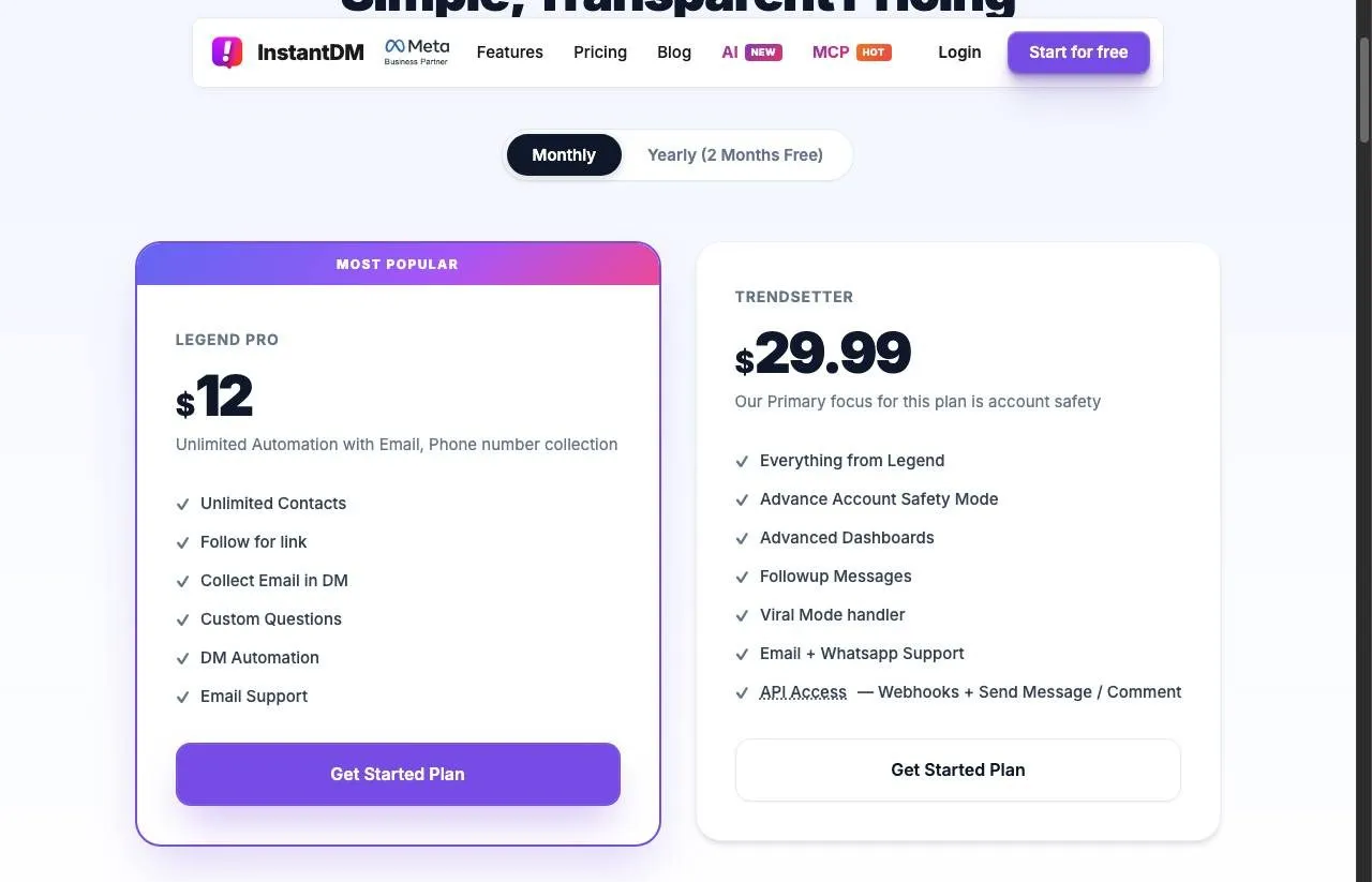 InstantDM pricing page switched to Monthly, showing Legend Pro at 12 and Trendsetter at 29.99