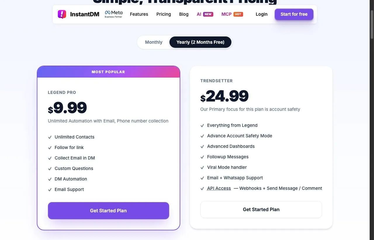 InstantDM pricing page on its default Yearly toggle, showing Legend Pro at 9.99 and Trendsetter at 24.99 with no billing-period label