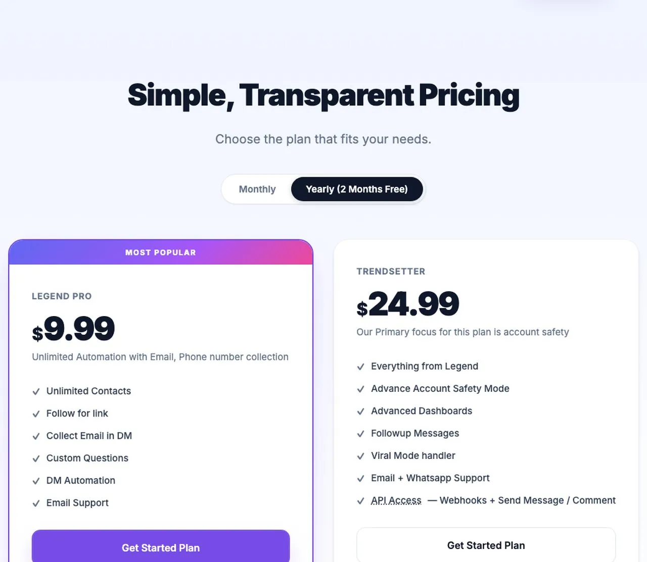 Best Manychat alternatives: InstantDM pricing page showing Legend Pro and Trendsetter tiers