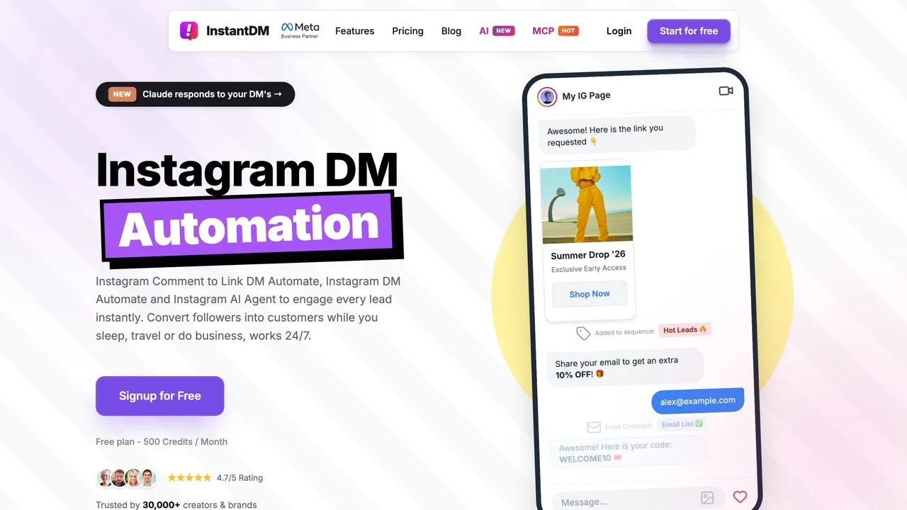 InstantDM homepage showing Instagram DM automation with comment-to-link replies and email capture