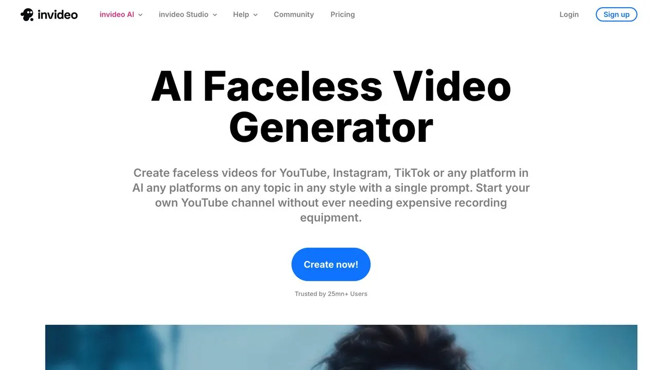 InVideo AI faceless video generator page showing prompt to video