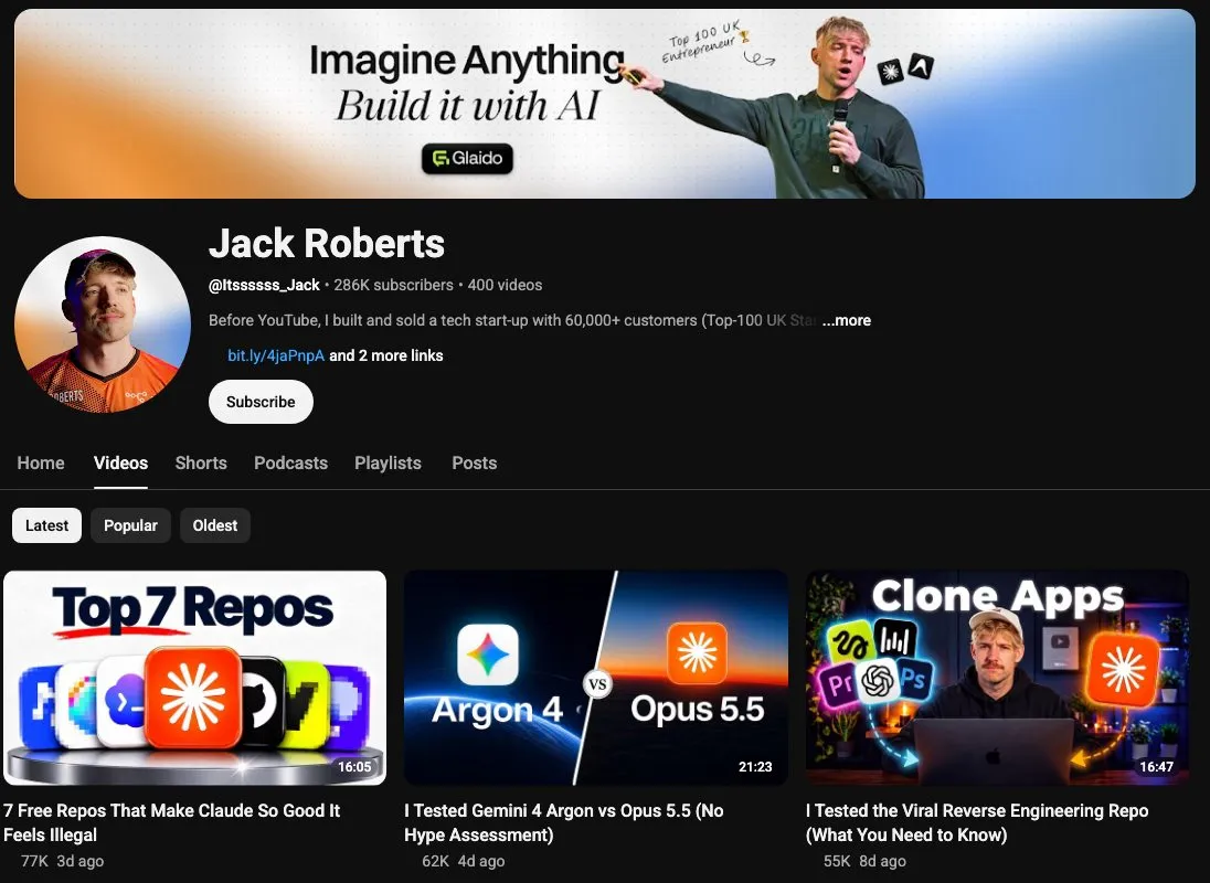 Jack Roberts' YouTube channel covering Claude Code, n8n and Make builds