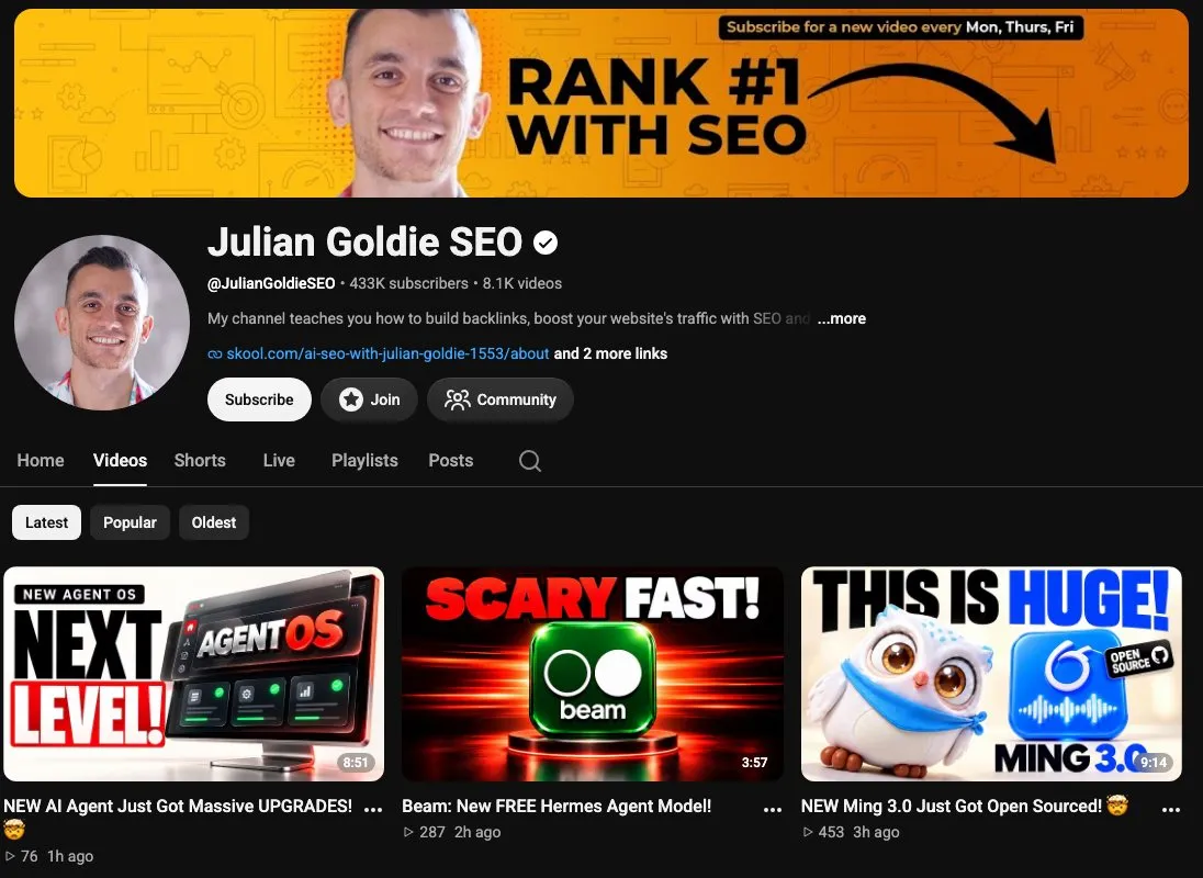 Julian Goldie's YouTube channel, where his Agent OS videos show Claude scripting, editing and posting short videos