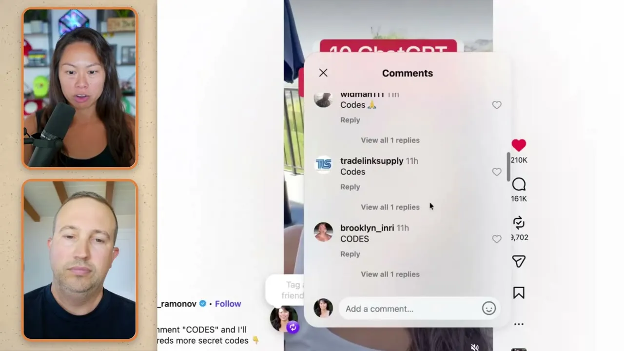 Instagram comments filling with the keyword CODES in real time while the reel plays, showing 210K likes and 161K comments on the post.