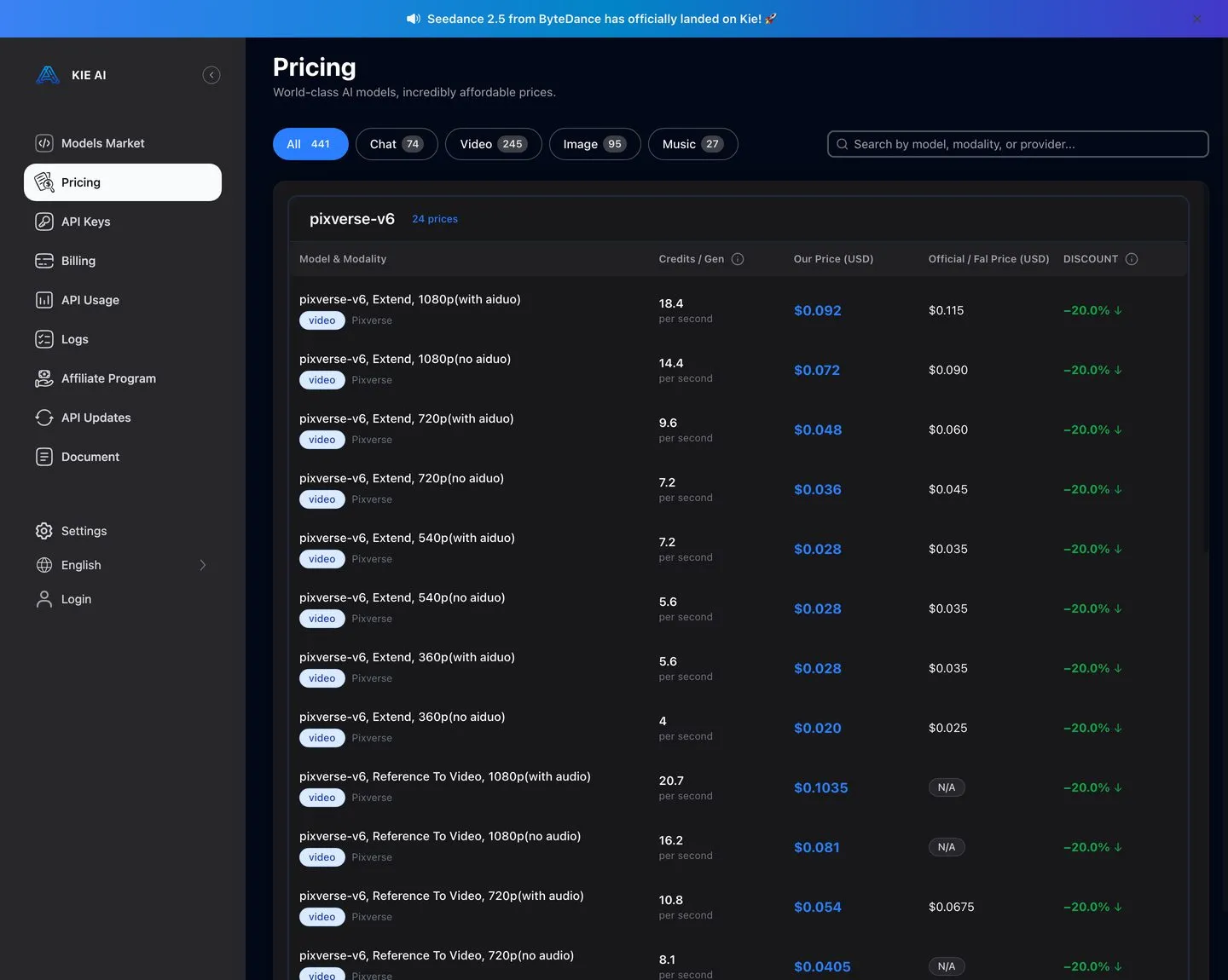 Higgsfield alternatives showing the KIE.ai per-second pricing table for Seedance models