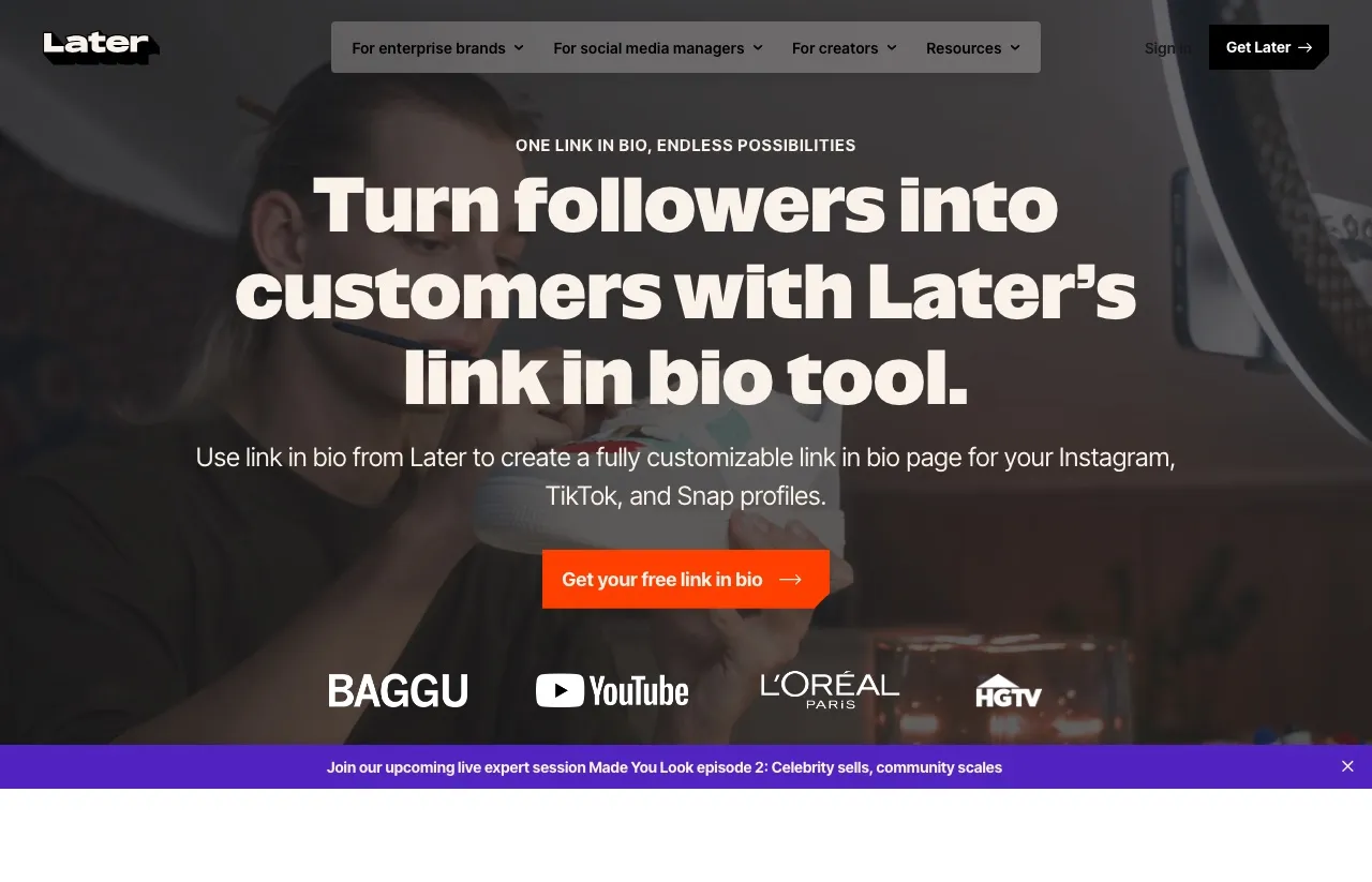 Later's Linkin.bio landing page builder with shoppable Instagram feed and click tracking.