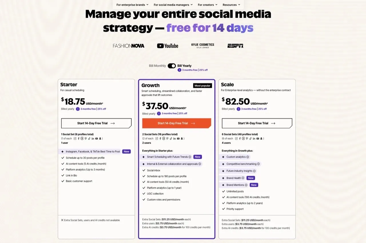 Later's pricing page with Starter, Growth, and Scale tiers and the Social Set model that gates per-platform multiplication.