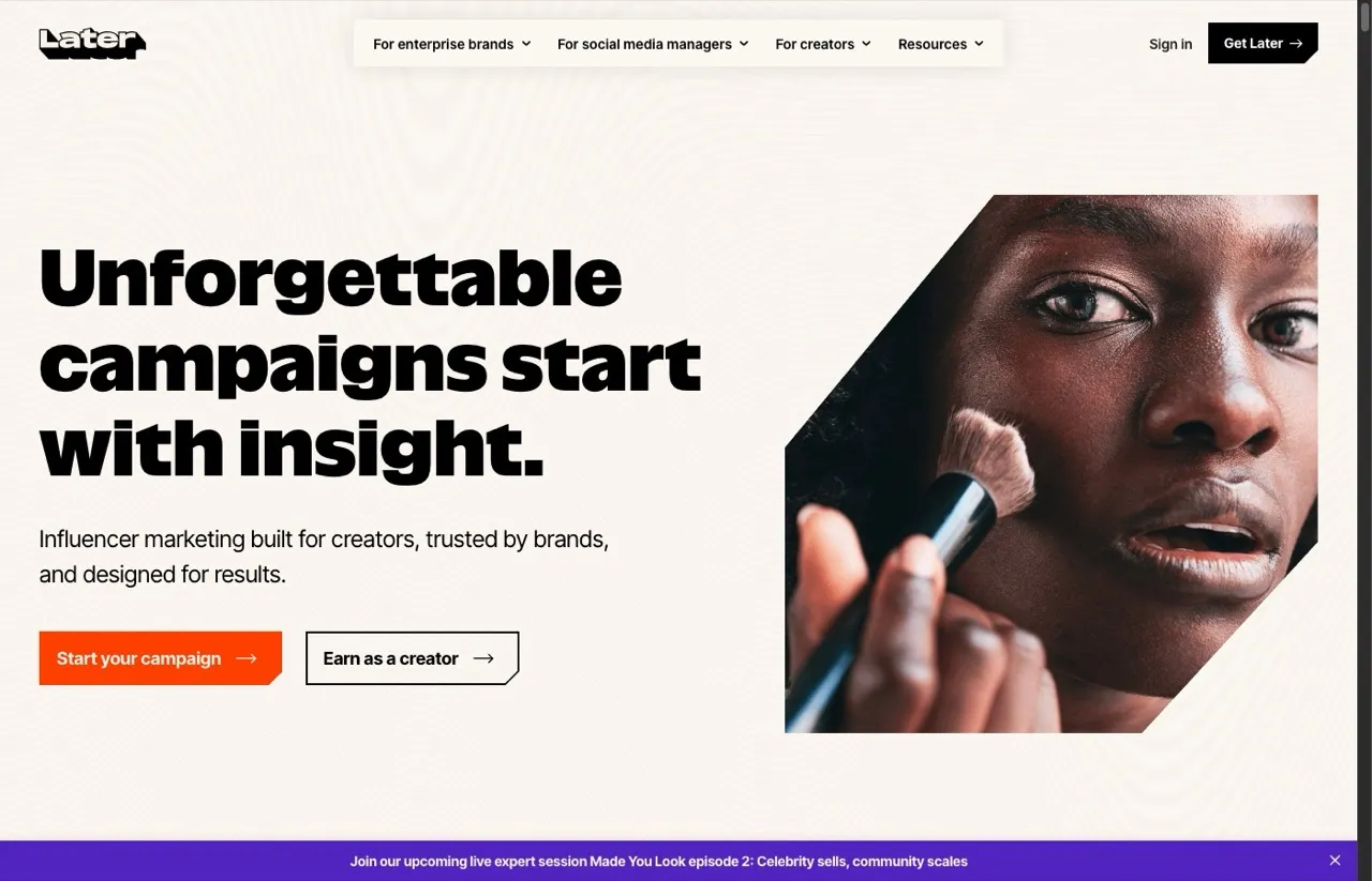 Hootsuite alternative Later homepage showing visual content calendar for Instagram and TikTok creators