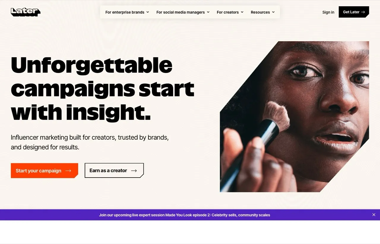 Buffer alternative Later homepage showing visual content calendar for Instagram and TikTok