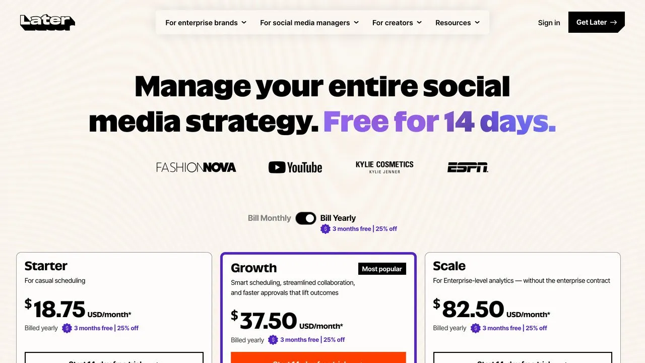 Later social set pricing page, a visual planning option in social media tools for agencies
