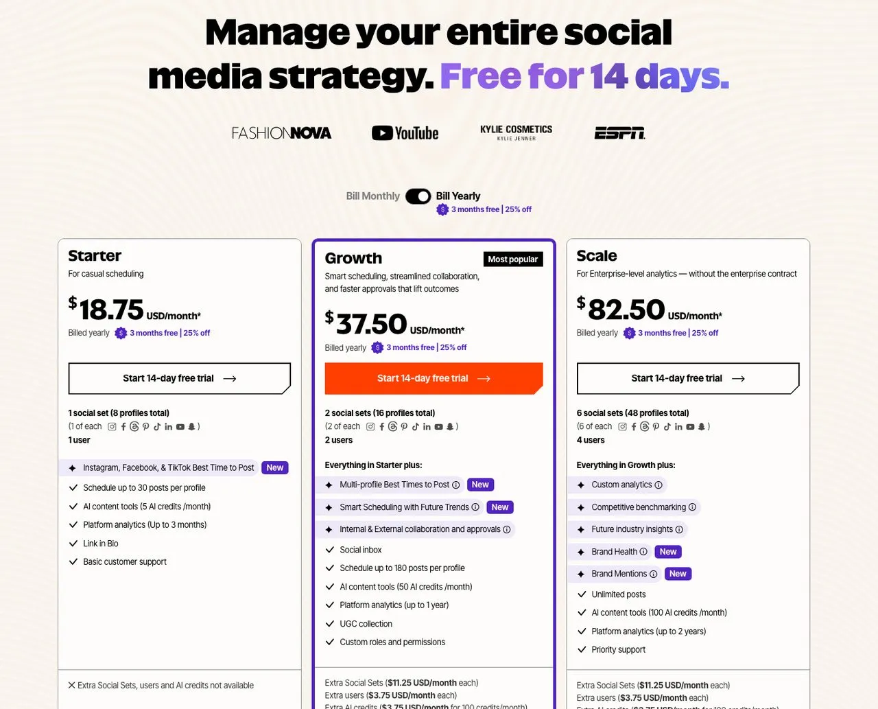 Tailwind app alternative Later pricing page showing social set plans and profile counts