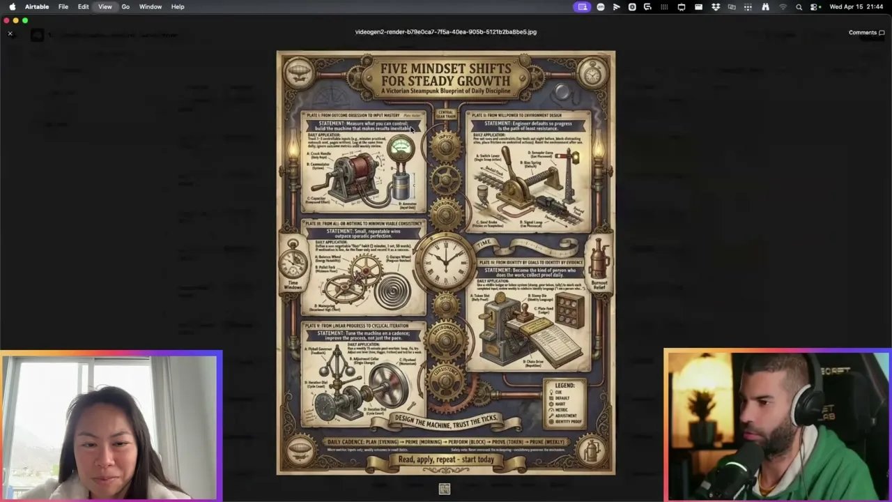 Life coach carousel output in Airtable: a steampunk Victorian-style infographic titled Five Mindset Shifts for Steady Growth, generated from a single OpenAI prompt.