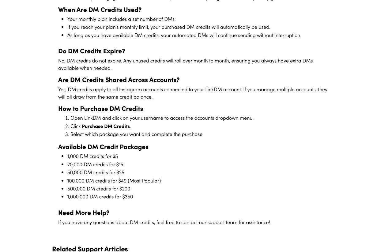 LinkDM DM credit packages listed in the help centre, from 1,000 credits for $5 to 1,000,000 for $350