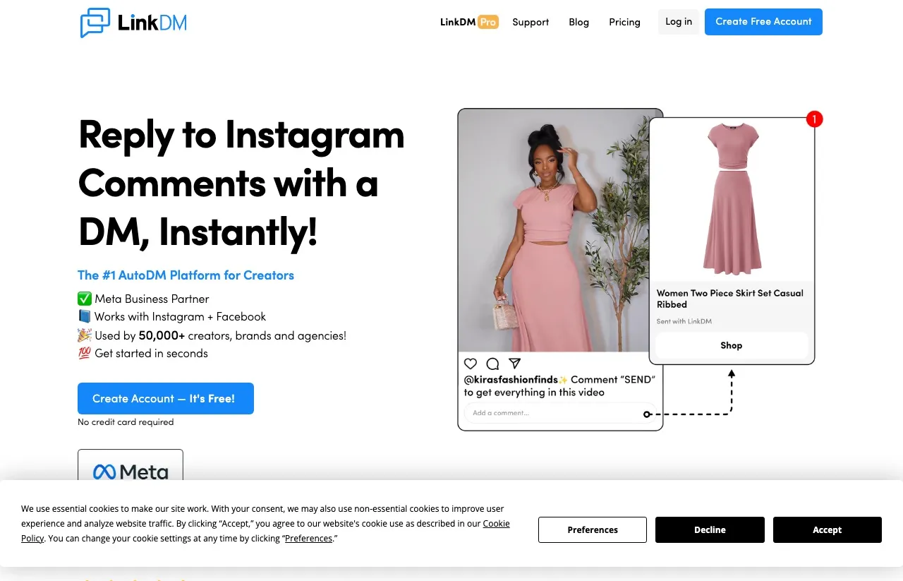 LinkDM's homepage describing it as an Instagram and Facebook DM automation platform for creators, with its Meta Business Partner badge.