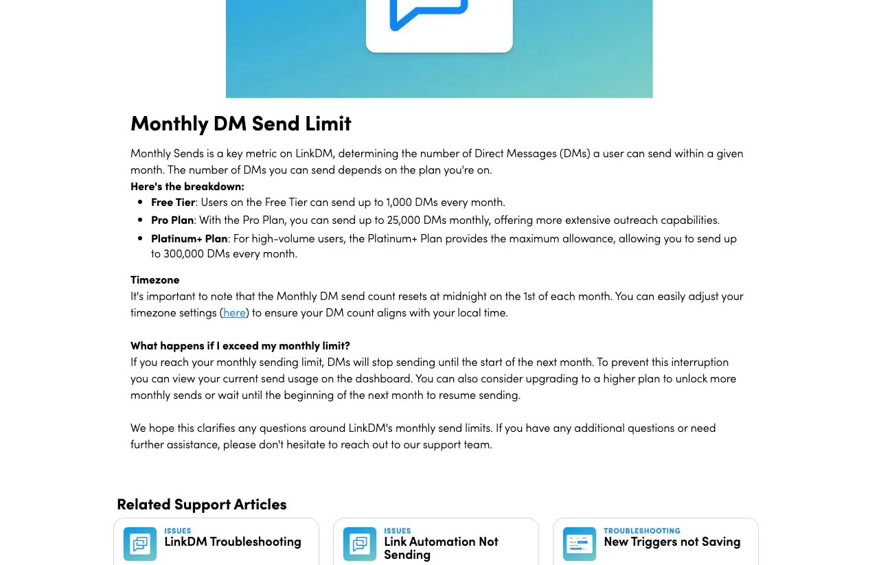 LinkDM help article stating that DMs stop sending at the monthly limit, offering only upgrade or wait