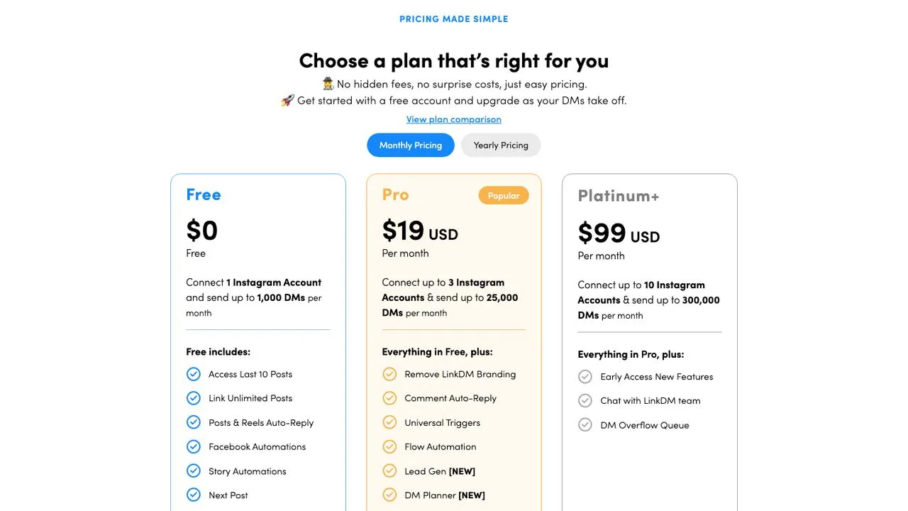 LinkDM alternatives: LinkDM pricing page with Free, Pro, Platinum+ and Enterprise plans