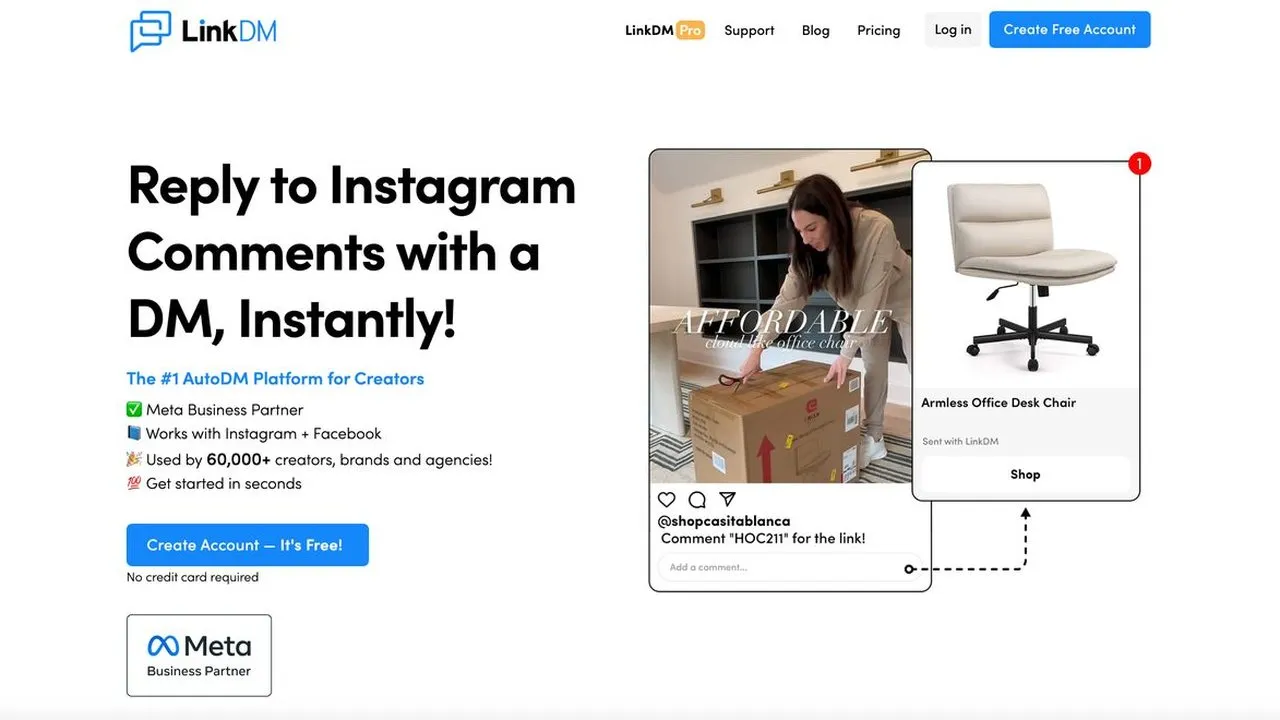 LinkDM homepage where a comment keyword triggers a product link by DM