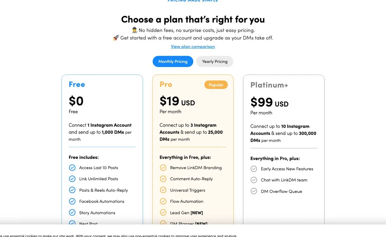 Manychat alternatives compared: LinkDM pricing showing Free, Pro and Platinum tiers