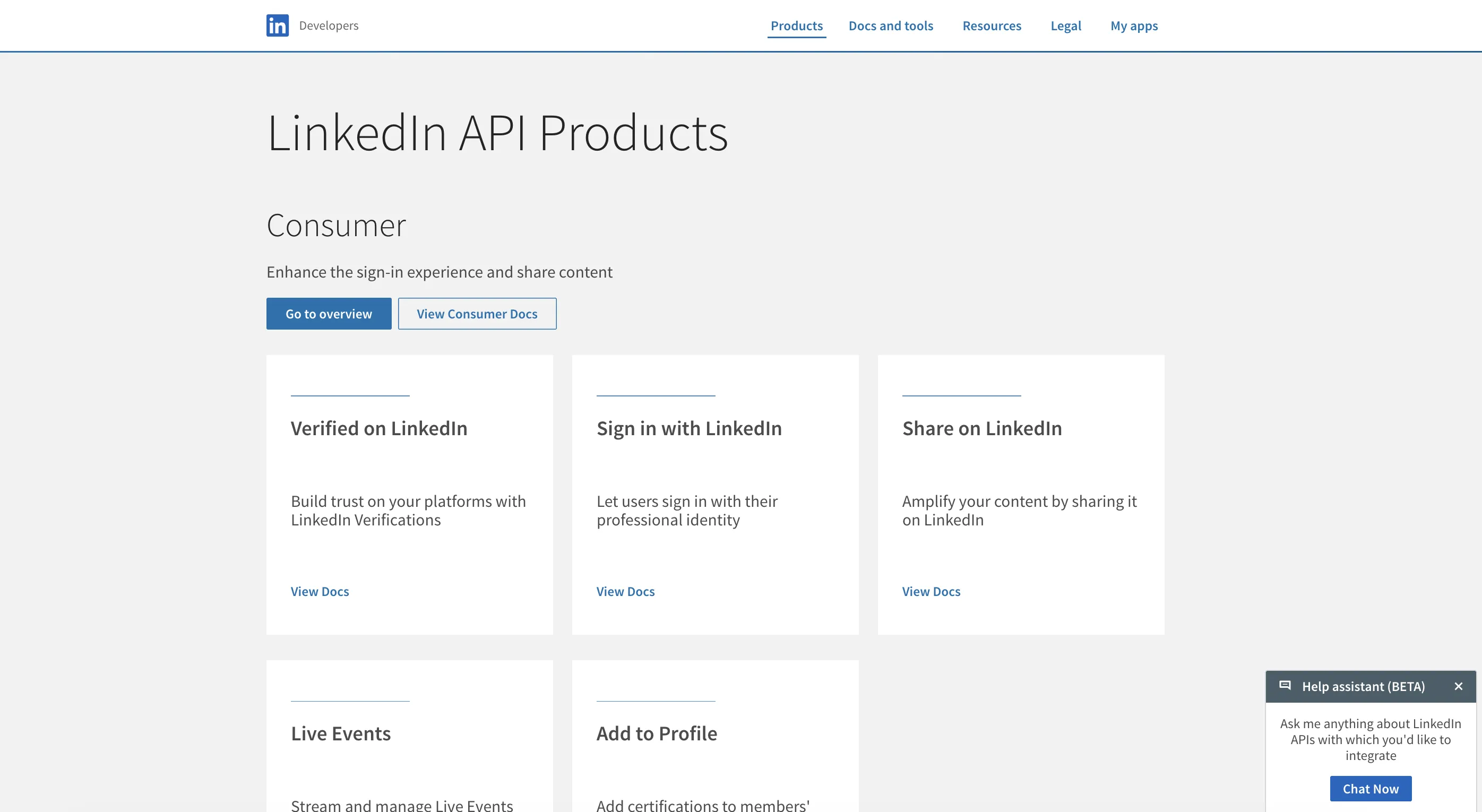 LinkedIn API products catalog on the LinkedIn Developer Portal showing the Consumer, Marketing Tools, Sales, Talent, Learning, and Plugins API product tiers available in 2026.