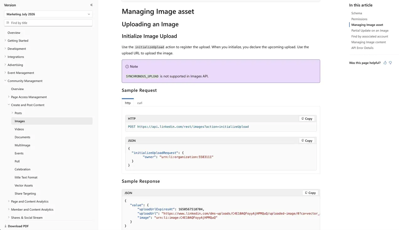 LinkedIn posting API image upload docs: the Images API initializeUpload sample request returning an uploadUrl and an urn:li:image ID, with the note that synchronous upload is not supported.
