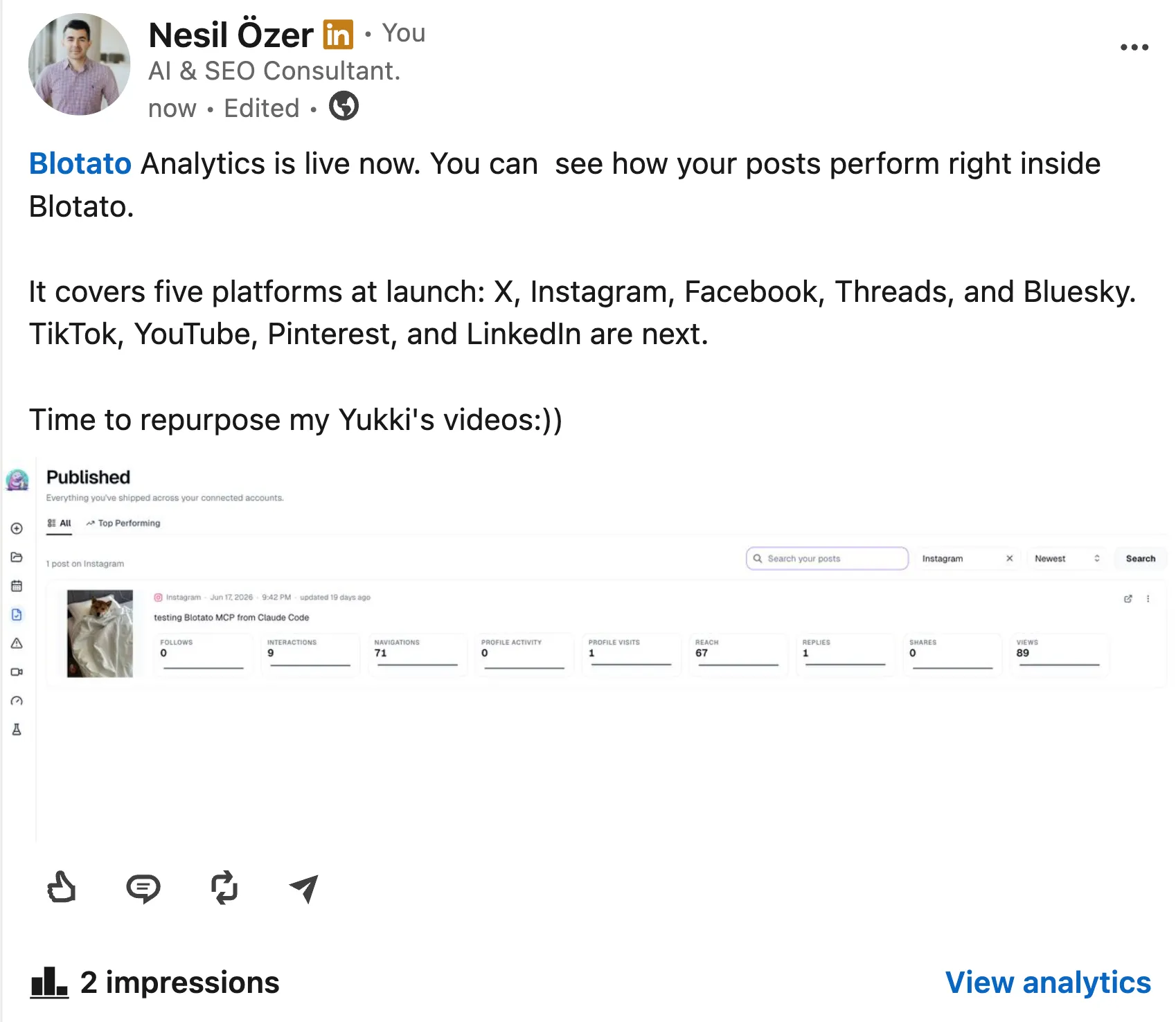 post to LinkedIn with Claude: the published post live on the LinkedIn feed with the attached image