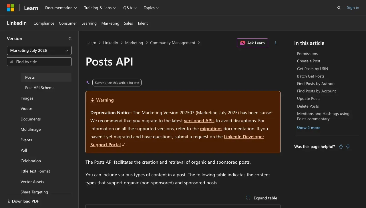 LinkedIn posting API documentation on Microsoft Learn showing the Posts API guide with sections for creating text, image, multi-image, and article posts.