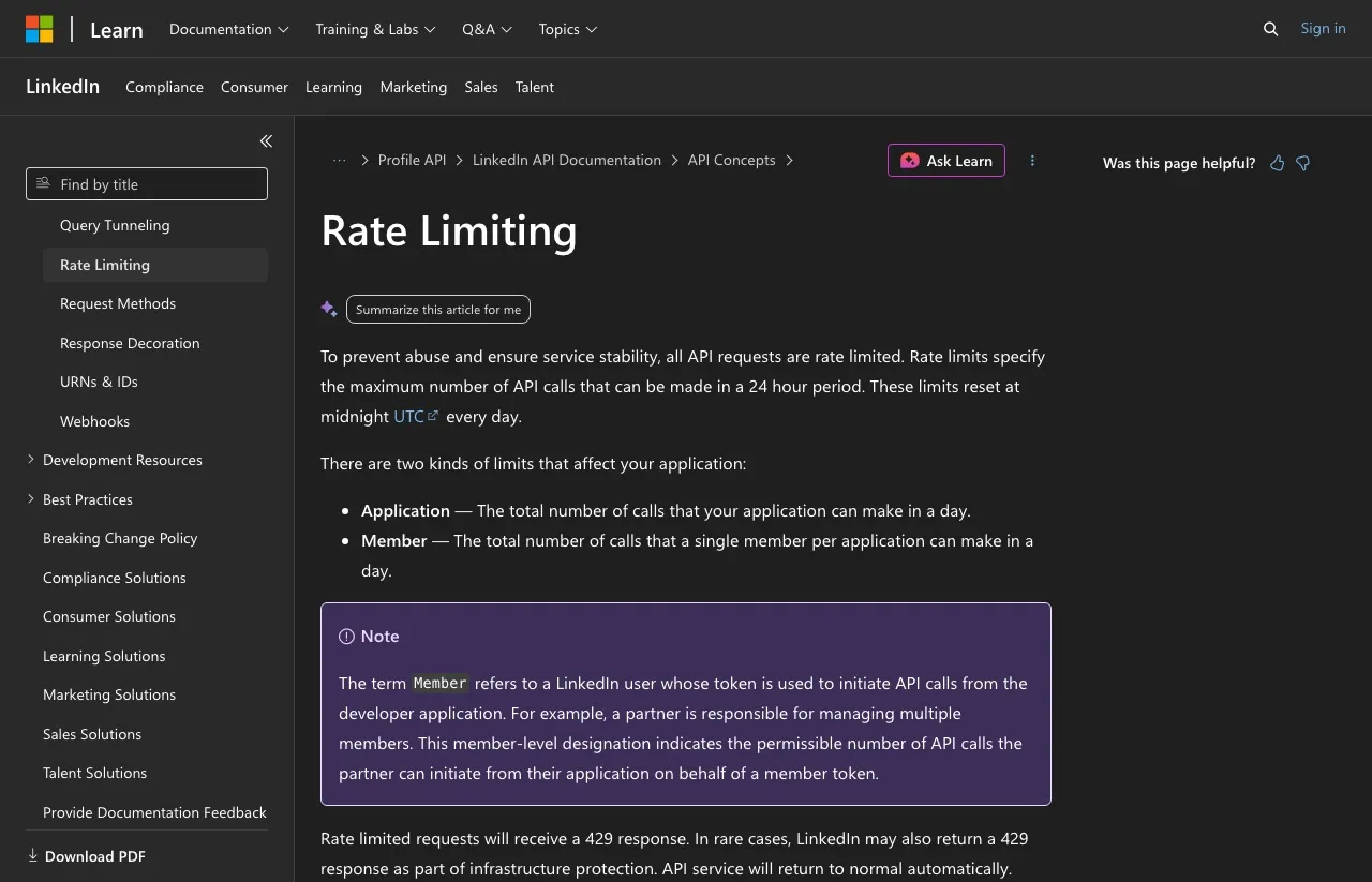 LinkedIn's rate limiting documentation on Microsoft Learn, describing application-level and member-level daily limits that reset at midnight UTC and return a 429 when exceeded.