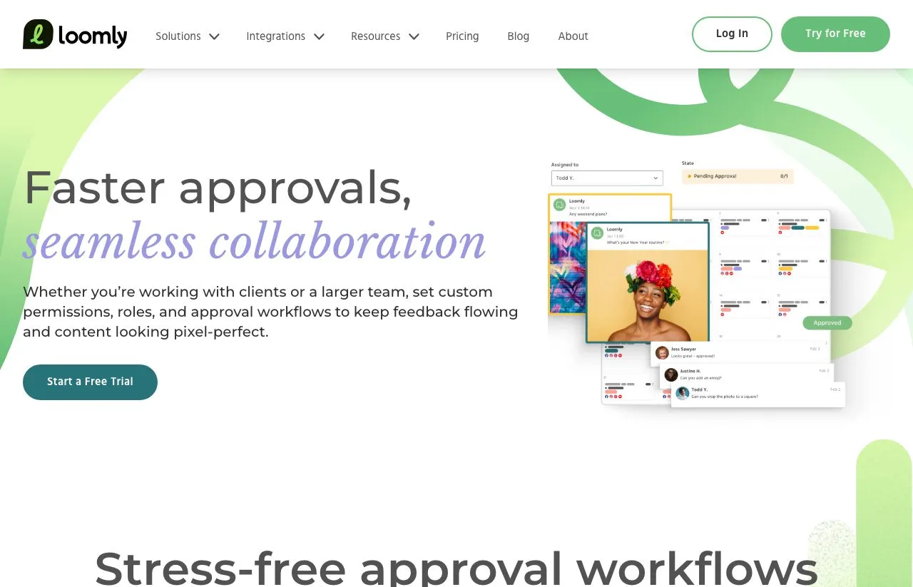 Loomly's collaboration and approvals page, showing a post card marked Pending Approval with reviewer comments beside the calendar.